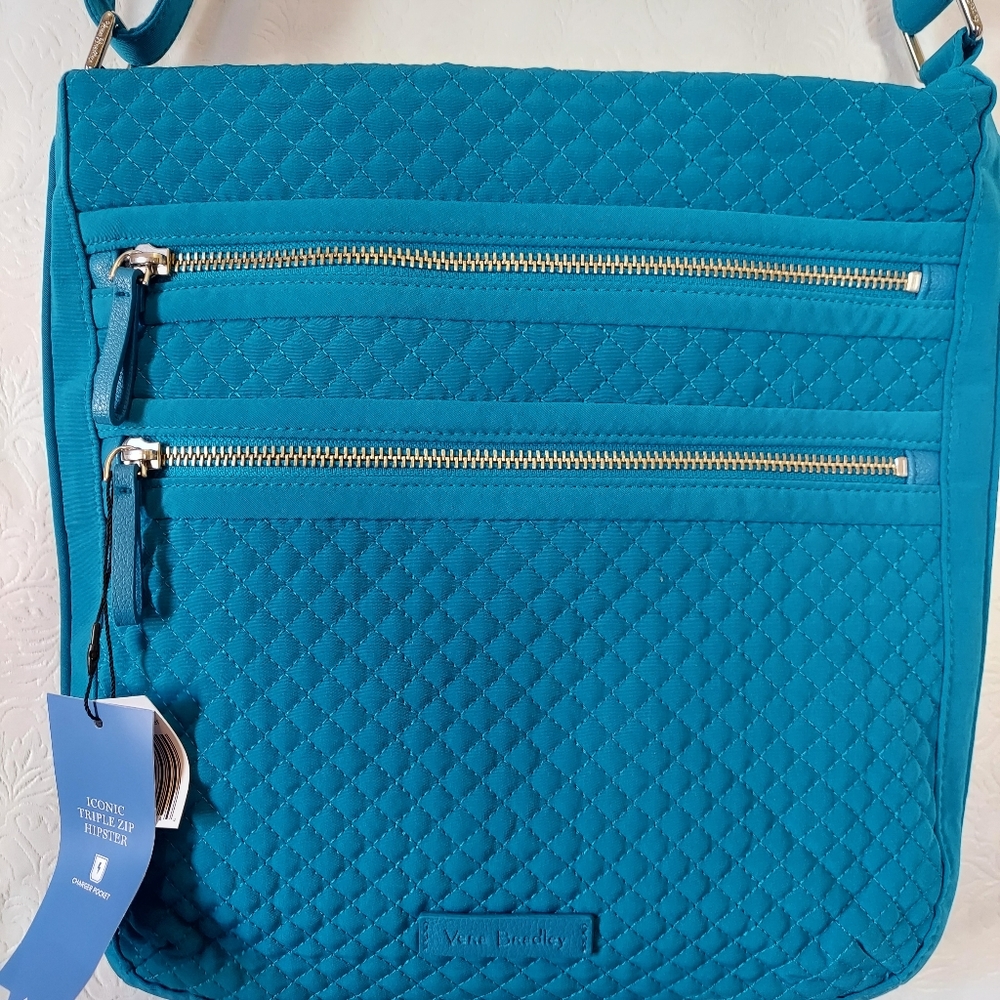 NWT Vera Bradley Triple Zip Hipster in Bahama Bay blue print